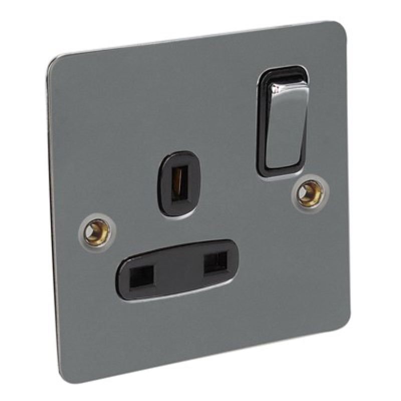 Flat Plate 13Amp 1 Gang Switched Socket Double Pole *Black Nicke